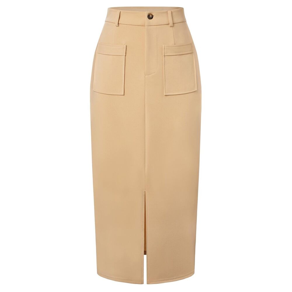 6213 Plus Size High Waisted Skirt Cargo Skirts Long Pencil Skirt Khaki, 2XL